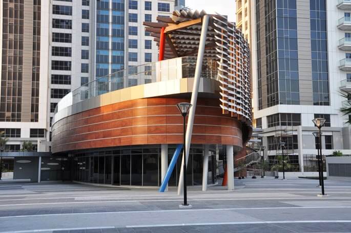 PARKLEX PRODEMA natural wood façade cladding at The Executive Towers Business Bay Dubai supplied by Obras International