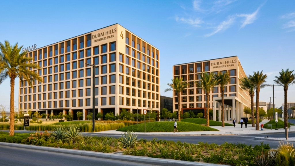 Dubai Hills Business Park commercial office development featuring Parklex Prodema natural wood façade panels supplied by OBRAS International UAE