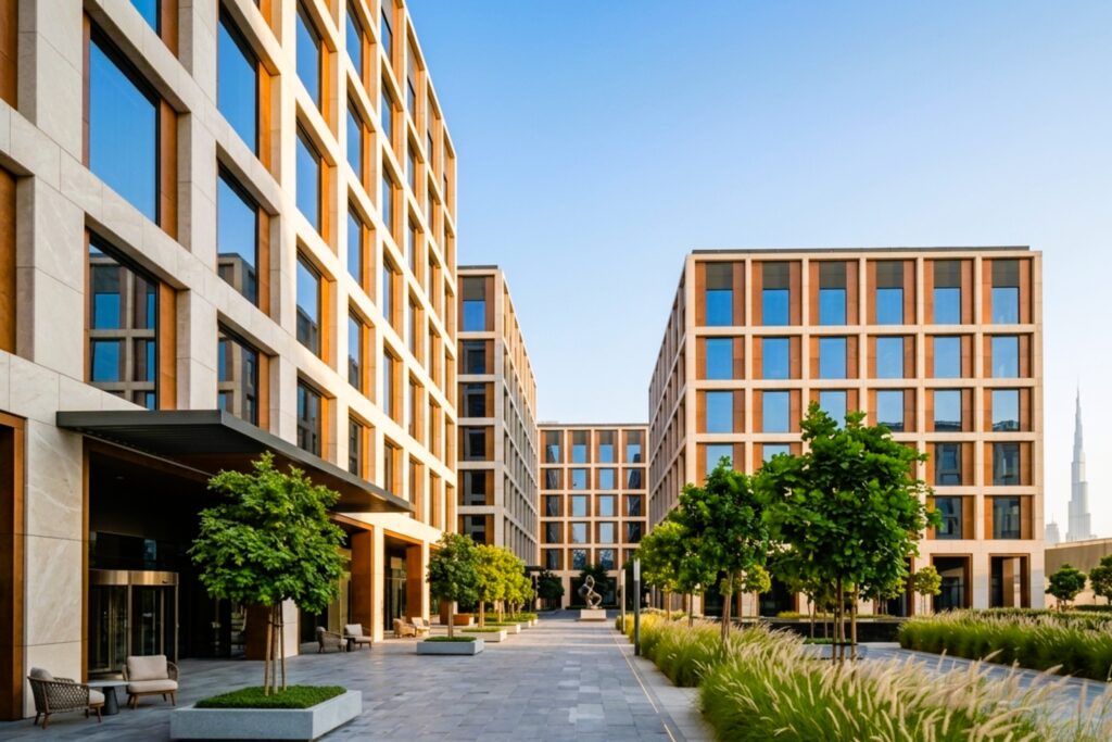 High-performance façade system in Dubai featuring ventilated cladding designed for heat resistance, energy efficiency, and GCC compliance