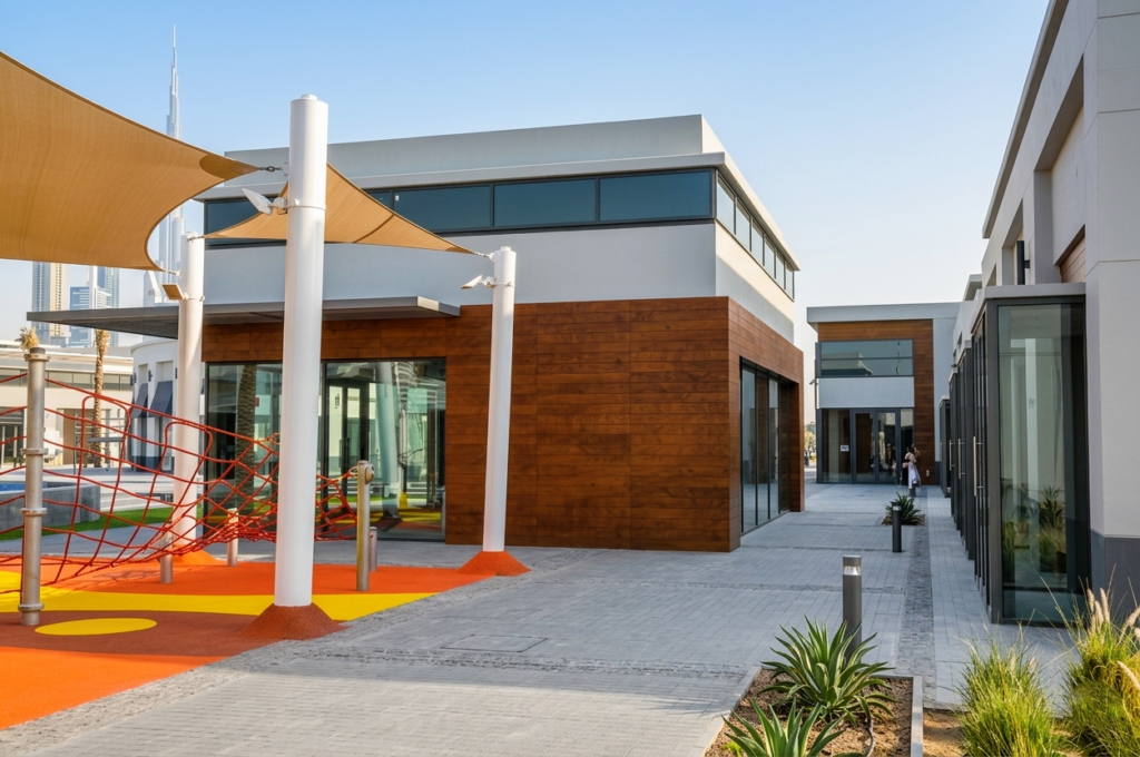 Luxury retail façade at The Avenue City Walk Phase 1 Dubai featuring PARKLEX PRODEMA natural wood cladding, European boulevard architecture, and black awnings in Jumeirah UAE