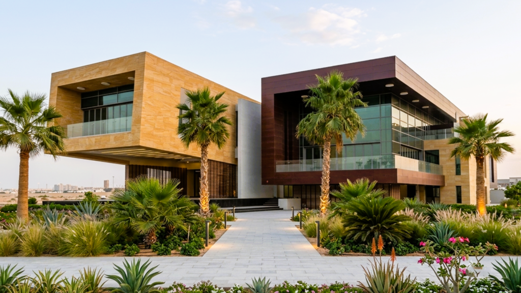 Al Mansoori Villa UAE with PARKLEX PRODEMA NATURSIDING-W Onix natural timber façade cladding by OBRAS International