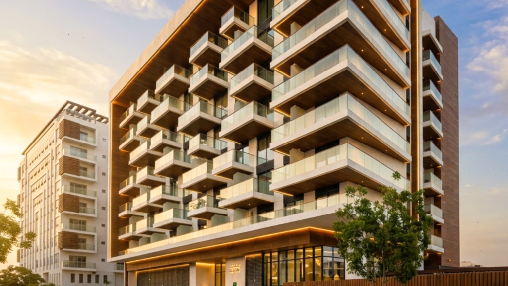 Al Seef Residences Abu Dhabi featuring Parklex Prodema natural wood façade cladding supplied by Obras International