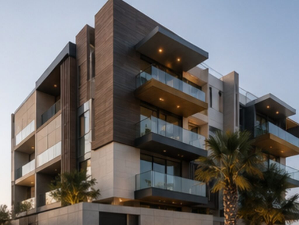 Architect and façade consultant reviewing cladding samples and a project mock-up in Dubai