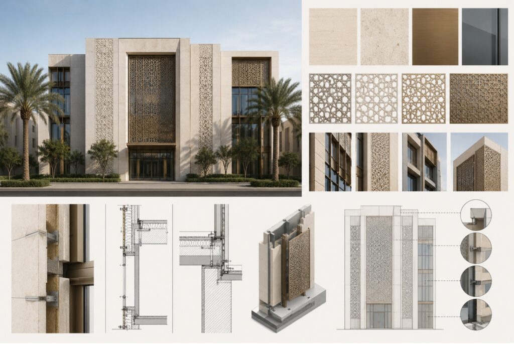 Contemporary UAE and Saudi buildings illustrating different façade specification priorities across the GCC