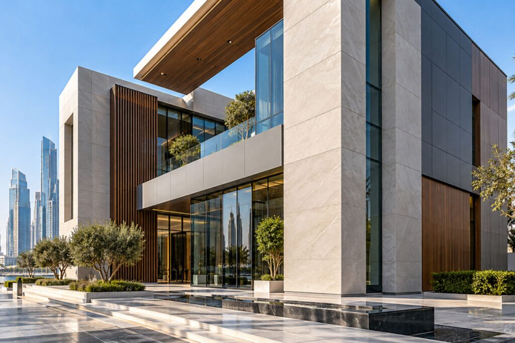 Modern high-rise building with curved exterior façade, horizontal architectural cladding bands and glazed windows, illustrating façade design in Dubai, UAE.