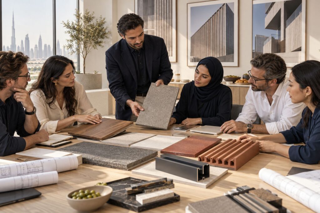 Illustration of architects reviewing façade material samples during a Lunch & Learn in a Dubai design studio.