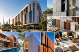 Modern commercial building featuring exterior architectural cladding panels and ventilated façade detailing in the UAE.