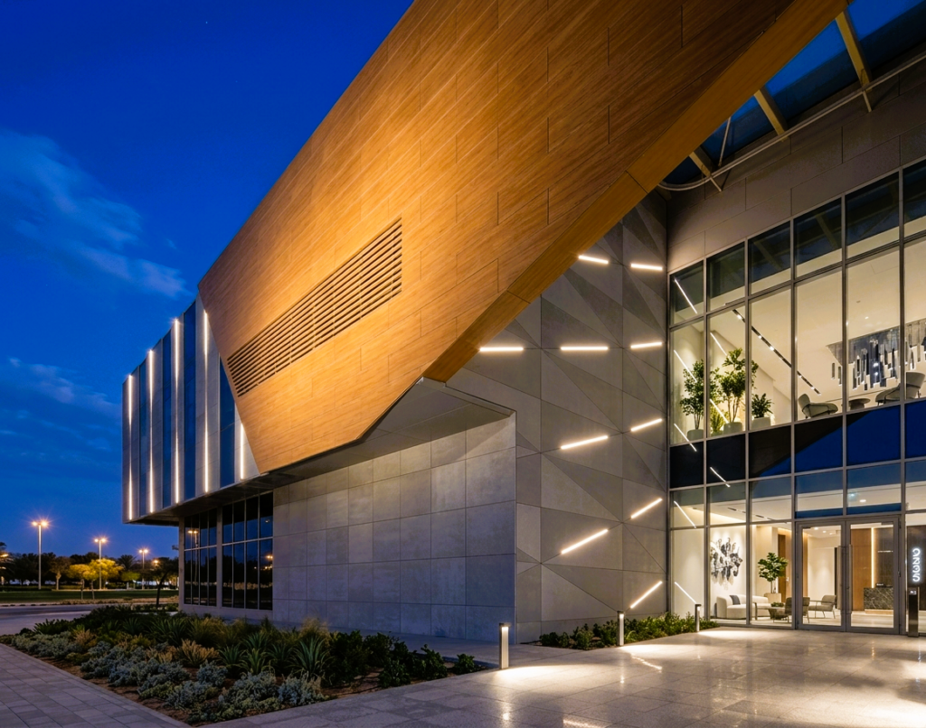 HPL natural wood veneer cladding façade in UAE by Obras International