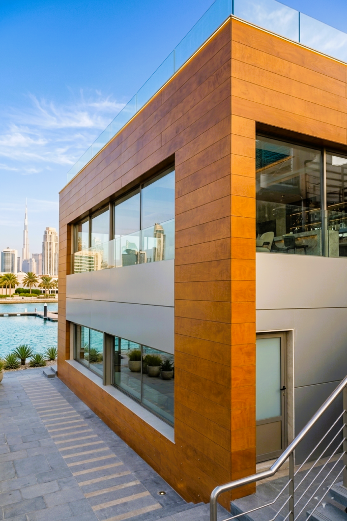HPL natural wood veneer cladding façade in UAE by Obras International