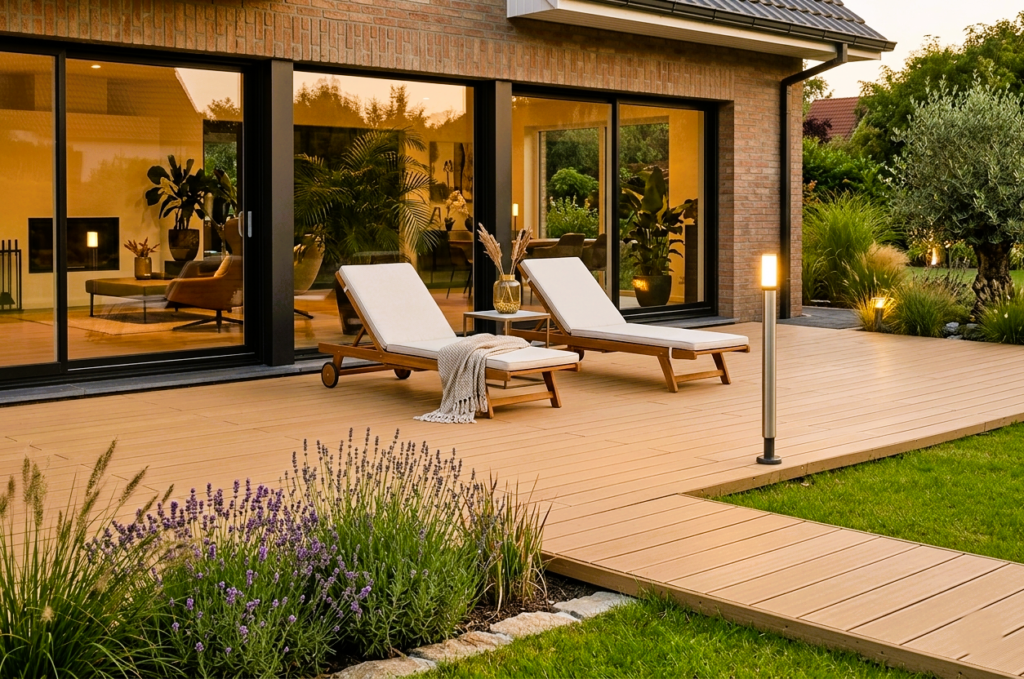 WPC decking for GCC villas showcasing modern outdoor luxury terrace design in UAE climate