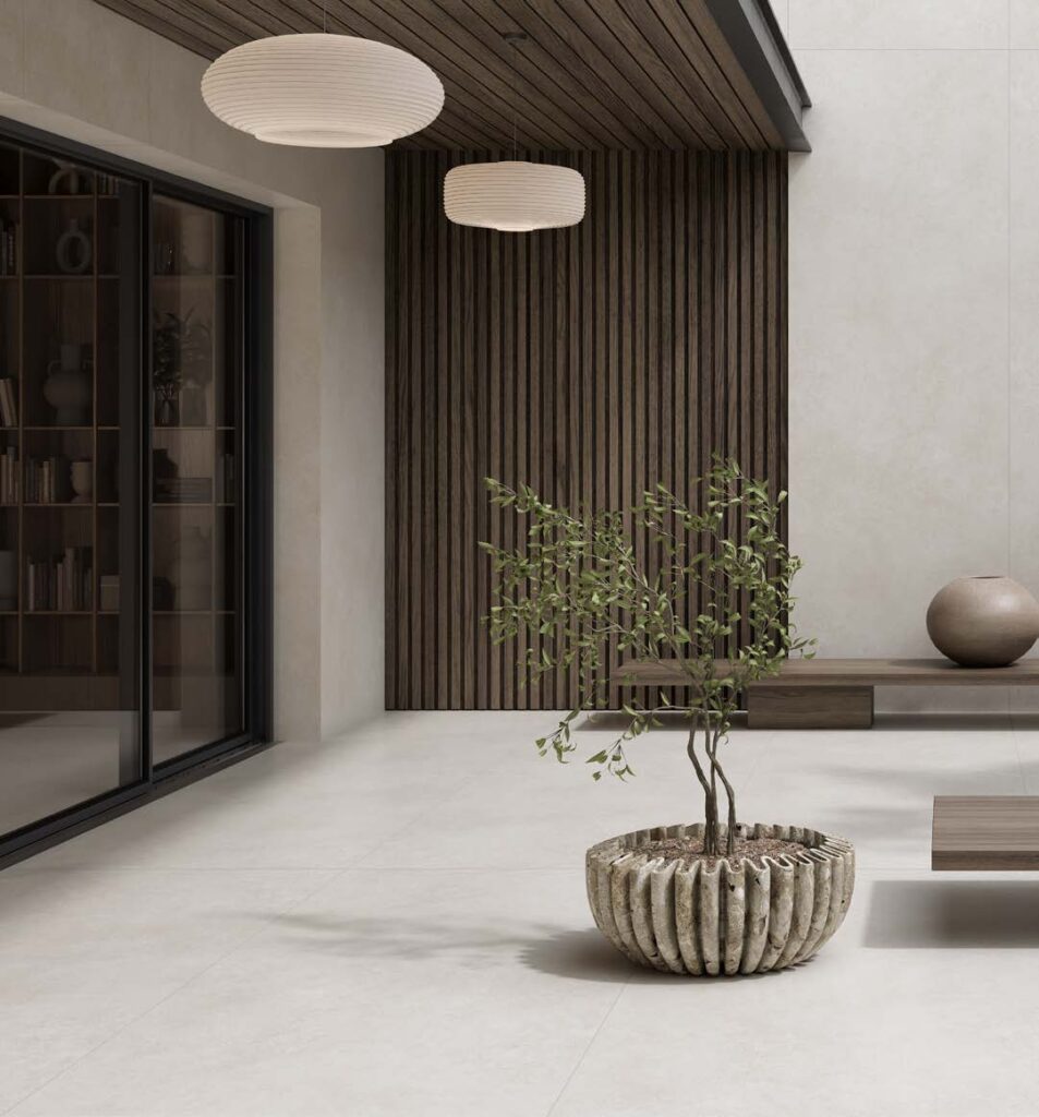 Interior cladding for luxury villas in Dubai with wood wall panels, stone surfaces, and modern ceiling design