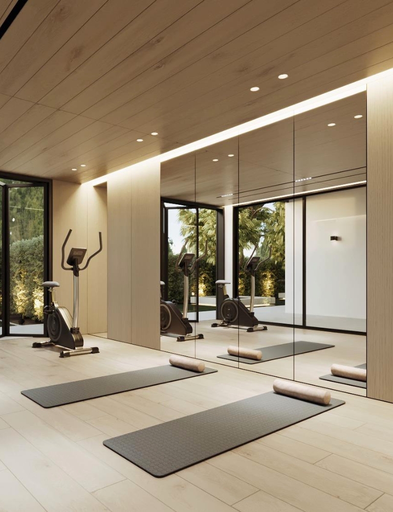 Interior cladding for luxury villas in Dubai with wood wall panels, stone surfaces, and modern ceiling design