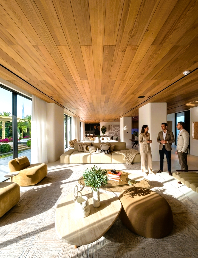 Interior cladding for luxury villas in Dubai with wood wall panels, stone surfaces, and modern ceiling design