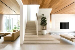 Interior cladding for luxury villas in Dubai with wood panels, stone walls, and modern ceiling design
