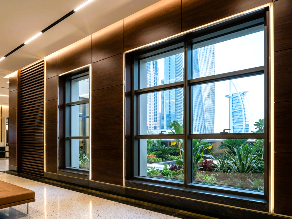 Wood wall cladding UAE in modern Dubai luxury villa interior with fluted panels and warm lighting