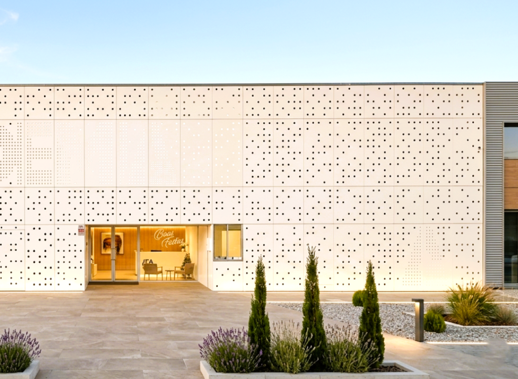 Exterior architectural cladding installed on modern commercial building in Dubai
