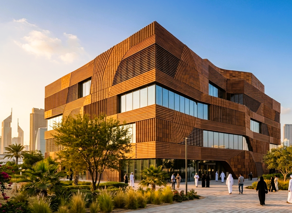 Profiled terracotta façade cladding system in UAE, featuring durable ceramic architectural envelope designed for heat resistance, ventilation, and GCC climate performance.
