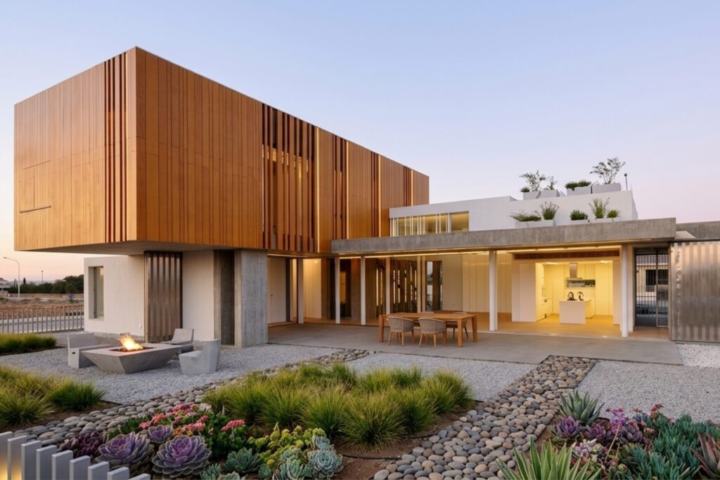 composite wood façade UAE villa exterior natural wood cladding