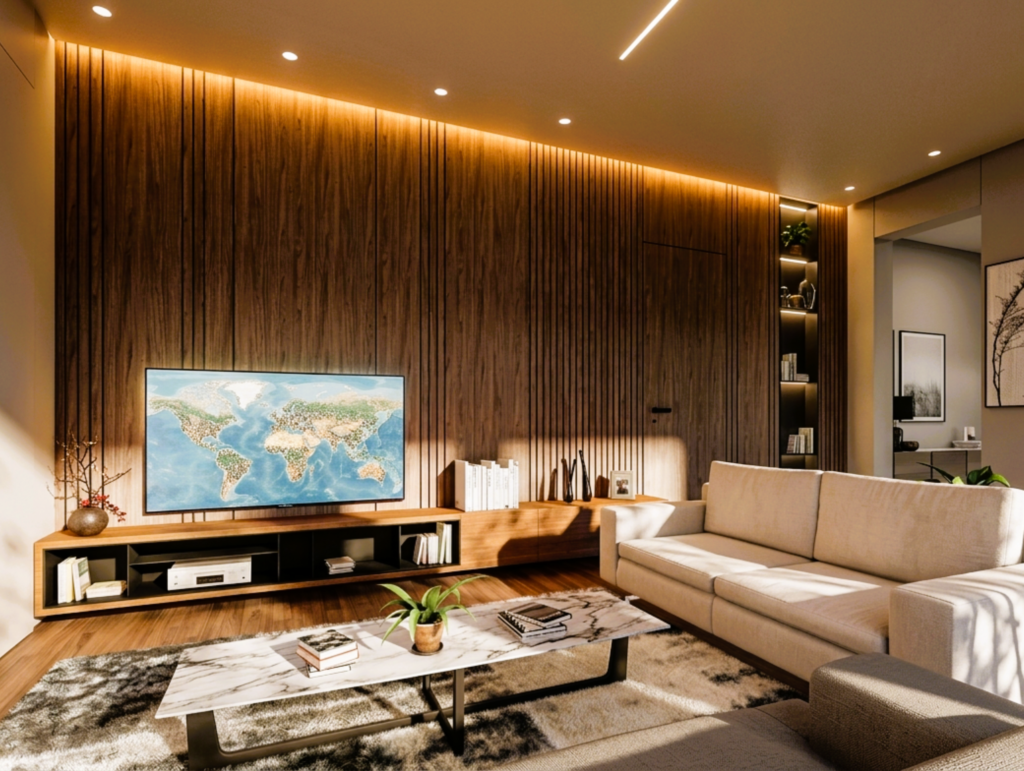 PARKLEX PRODEMA natural wood interior wall panels in UAE villa living room - OBRAS International