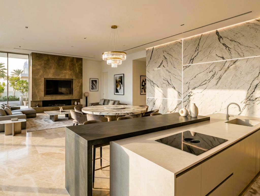 Techlam 3mm ultra-thin porcelain wall cladding in Dubai villa interior 