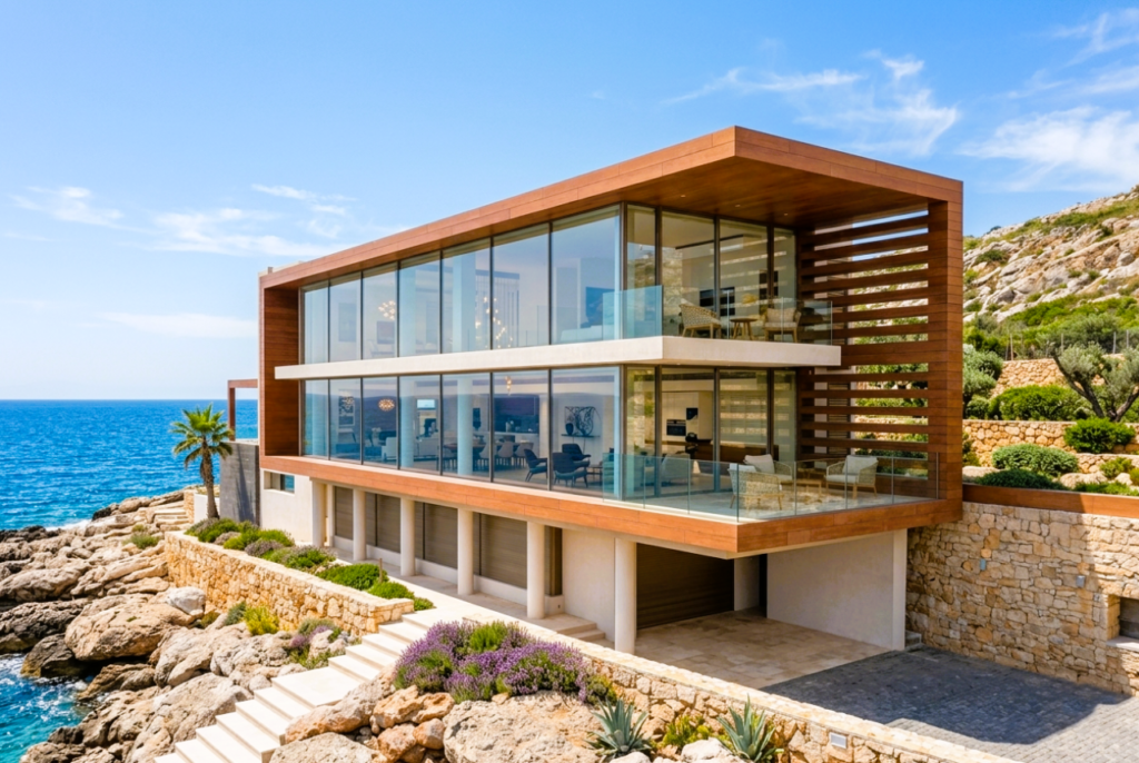 GCC luxury villa architectural rendering with sunscreen cladding and outdoor terrace design UAE