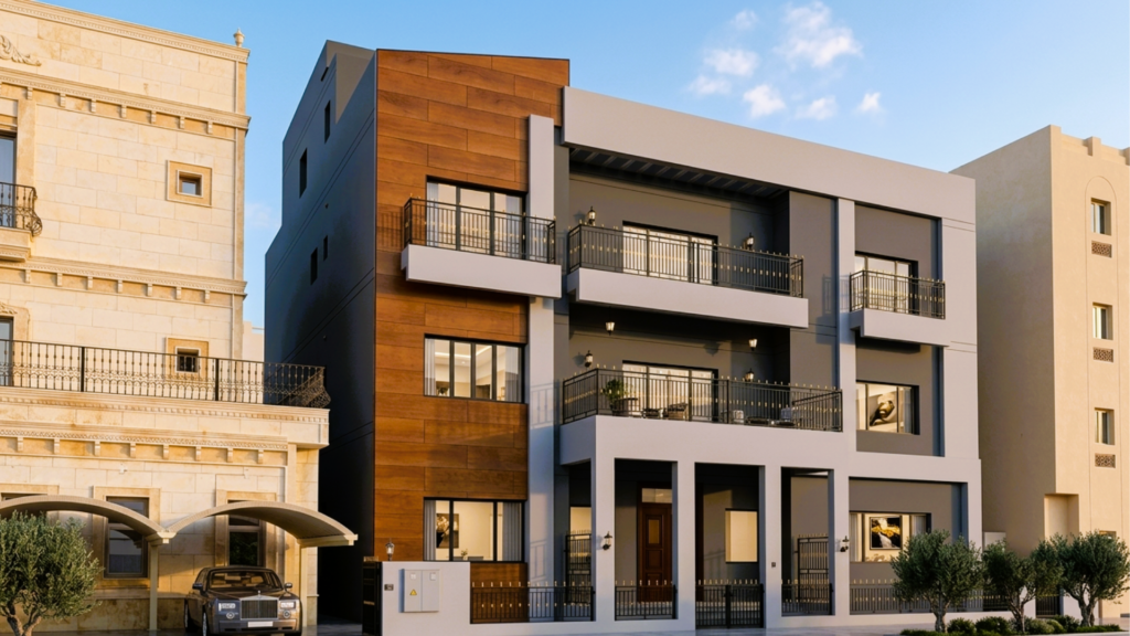 Natural wood PARKLEX PRODEMA façade cladding installed at Private Villa Faiha in Dubai UAE