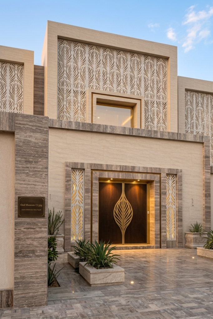 Modern commercial building in Saudi Arabia featuring EQUITONE fibre cement cladding panels with SBC 303 compliant non-combustible ventilated façade system.