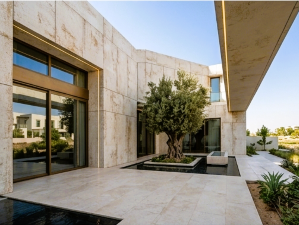 Close-up architectural detail showing precision installation of TECHLAM sintered stone panels on a luxury villa façade.