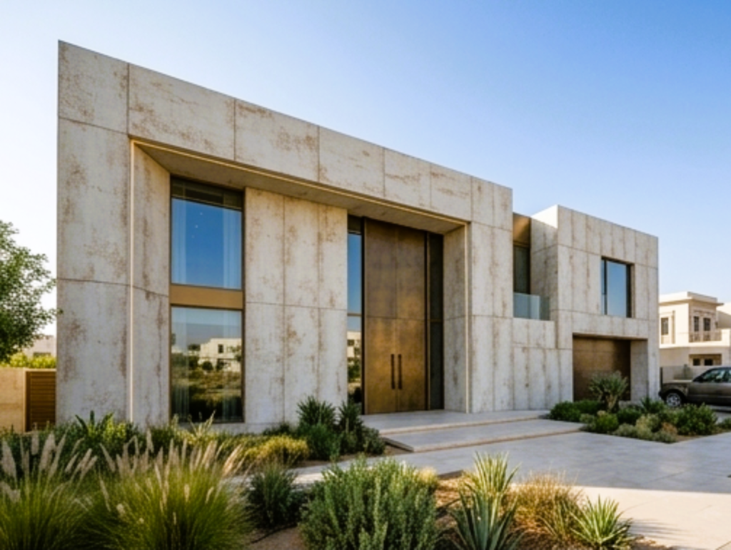 Non-combustible TECHLAM sintered stone façade system meeting UAE fire safety requirements for luxury residential projects.