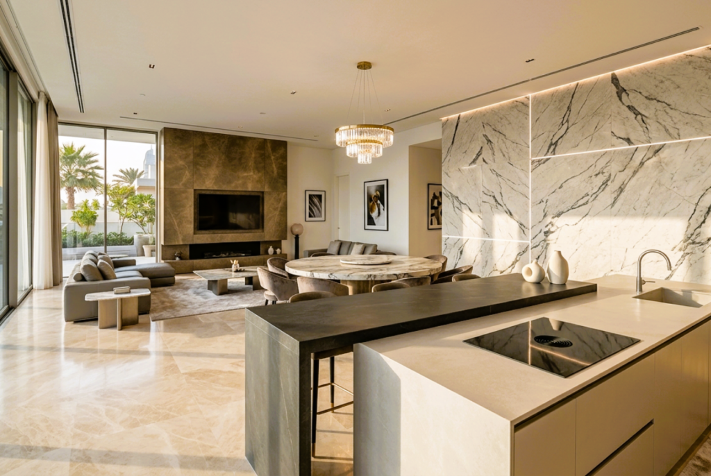 Contemporary luxury villa exterior in the UAE featuring large-format sintered stone façade panels with seamless architectural detailing.
