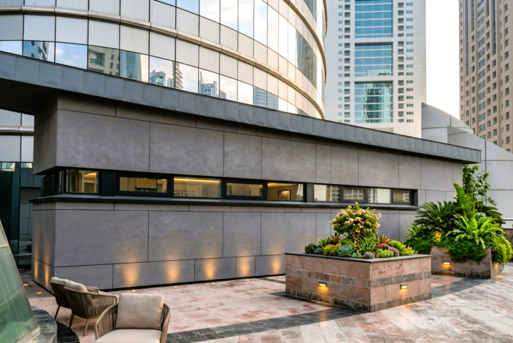 Cladding comparison GCC projects featuring WPC cladding, fibre cement panels and aluminium composite façades on commercial buildings