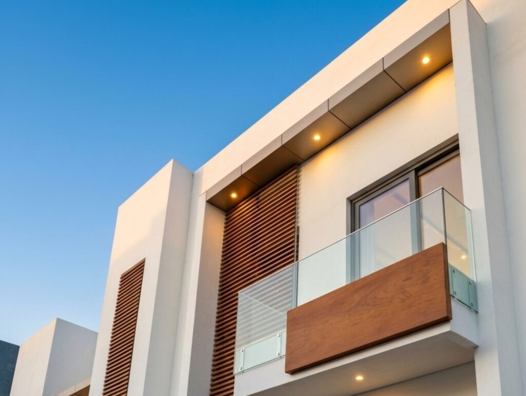 Luxury villa roof overhang with warm wood soffit cladding