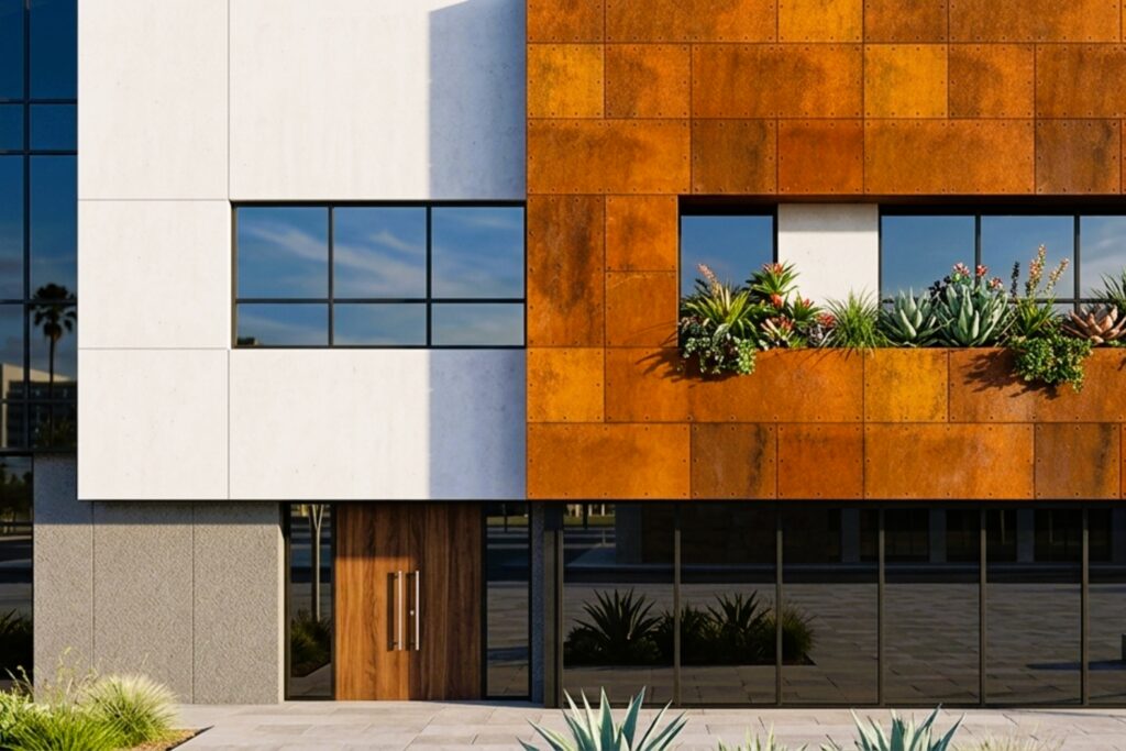 Façade-to-soffit transition detail showing shadow gap and panel alignment.