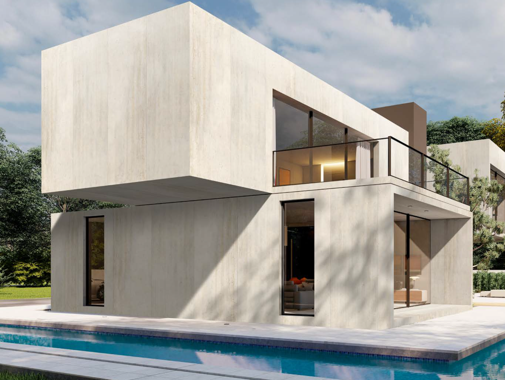 Large-format sintered stone used on contemporary commercial architecture
