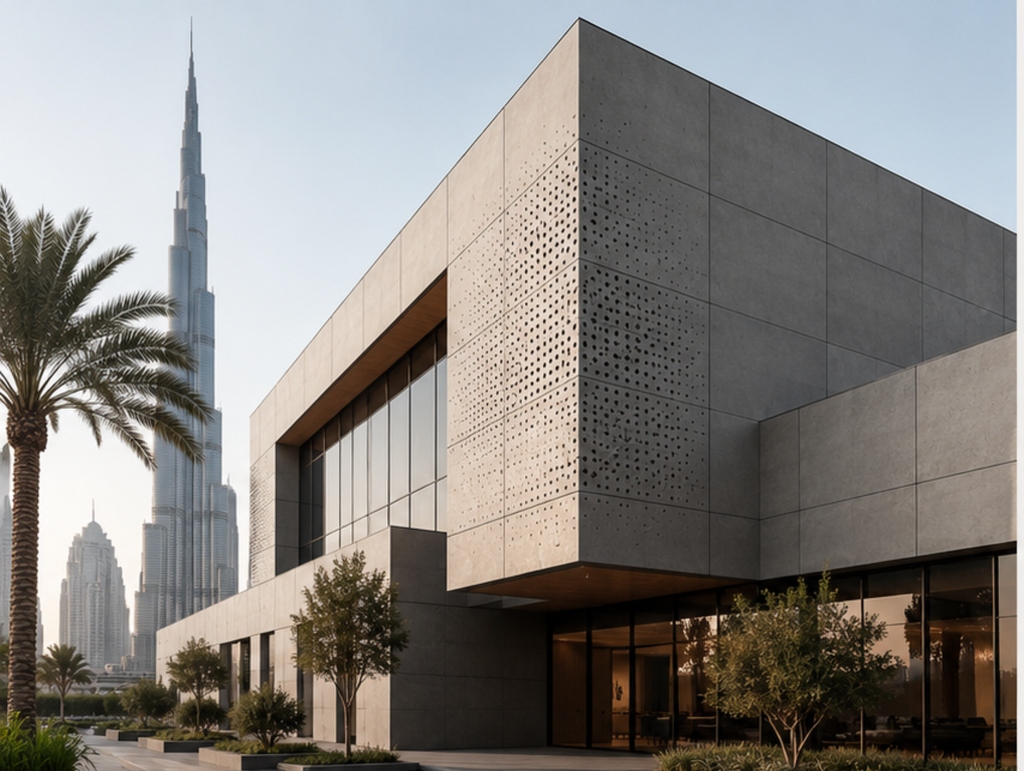 Fibre cement panels installed on a commercial ventilated façade in the UAE