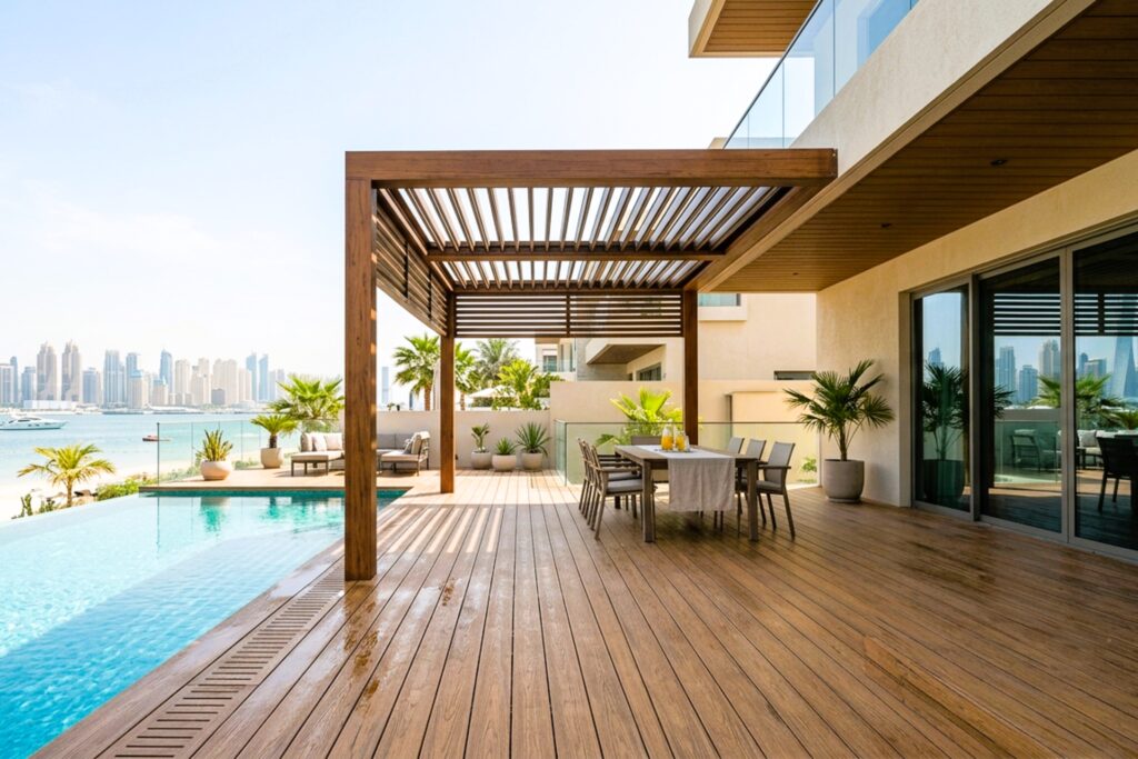 Pool-deck drainage layout preventing standing water below WPC boards
