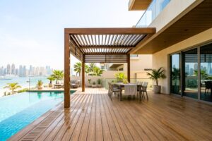 Pool-deck drainage layout preventing standing water below WPC boards