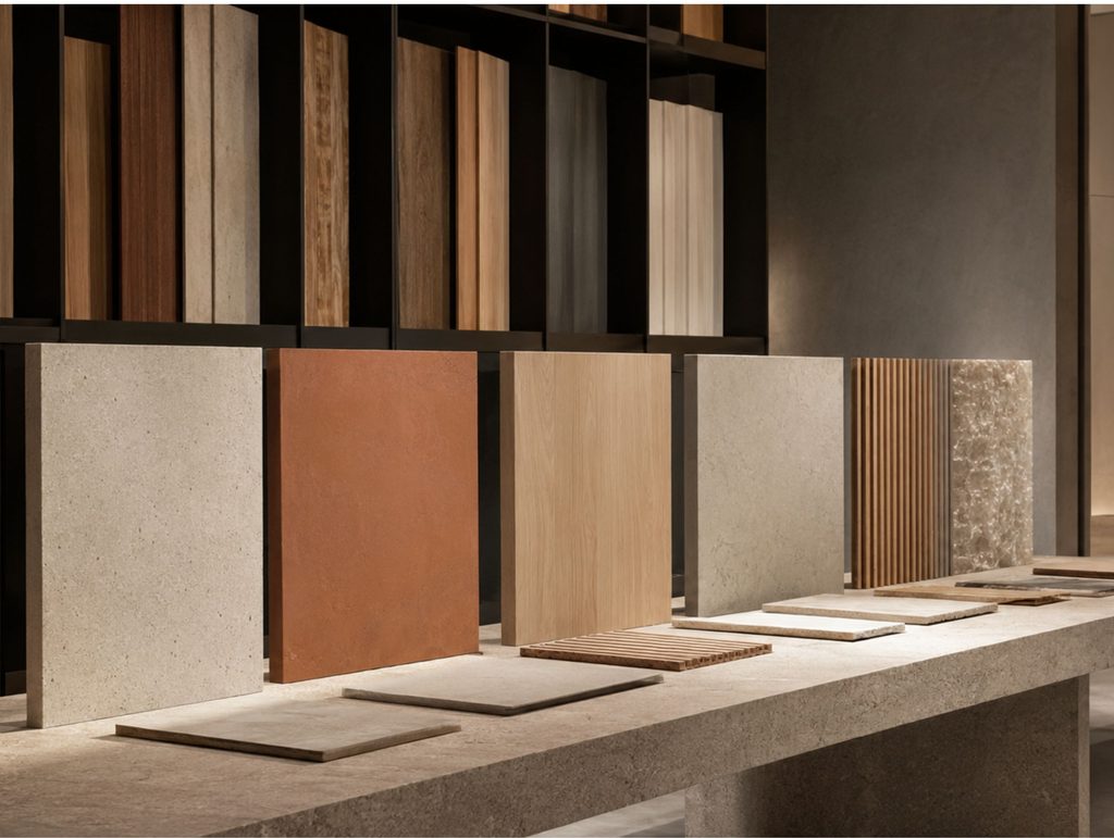 Façade and interior material samples displayed at the OBRAS Concept Showroom in Dubai.