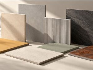 Fibre cement façade panels on a contemporary building, showing panel texture and joint layout