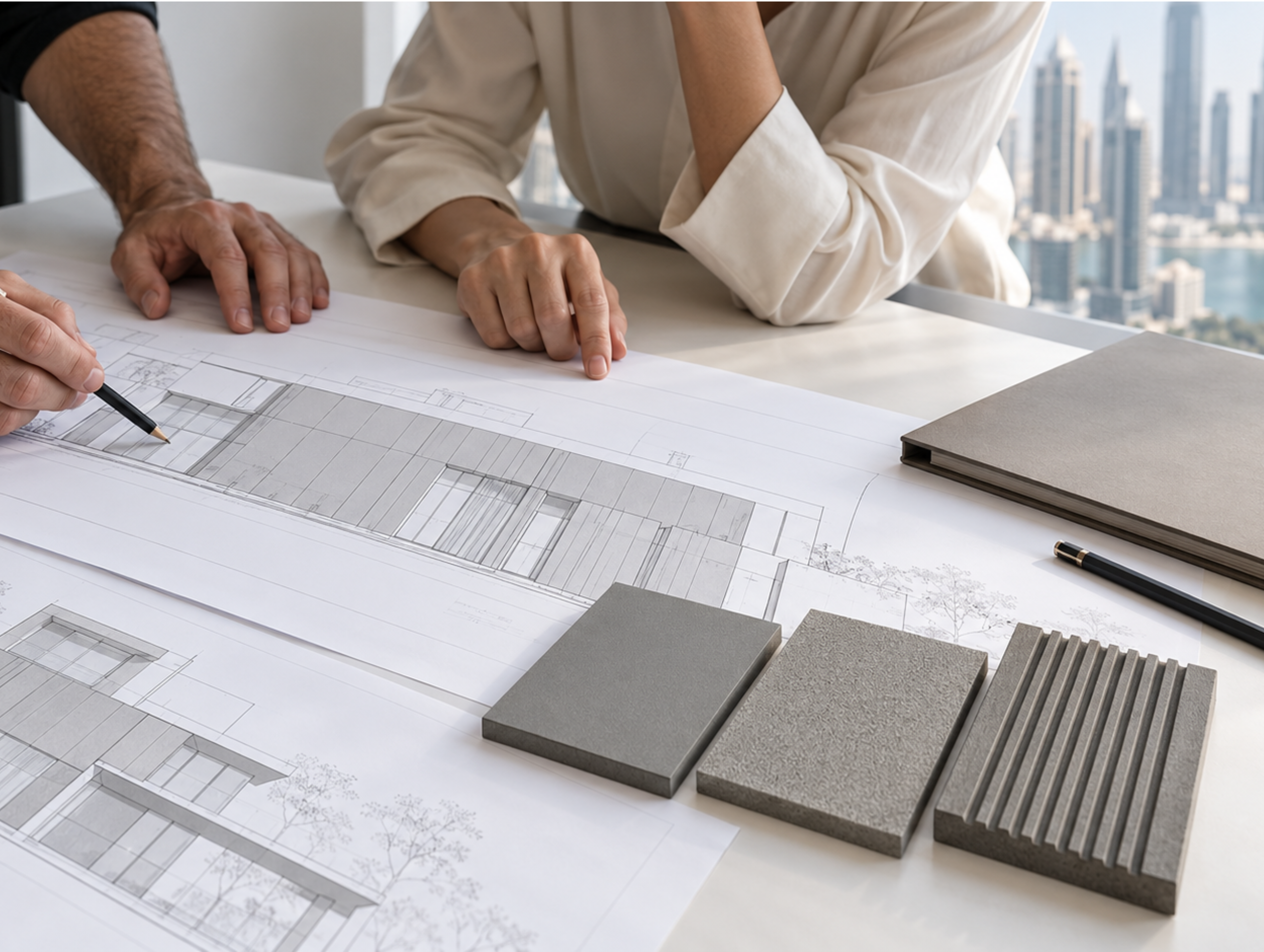 Below “Which EQUITONE panels
have an A2-s1,d0 classification?”Close-up architectural concept showing smooth grey cladding panels, narrow joints and an adjacent vertically ribbed surface.