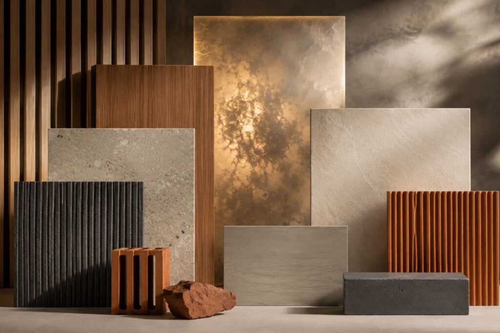 Façade and architectural material samples displayed at the OBRAS Concept Showroom in Dubai